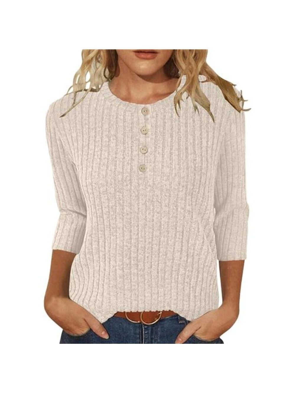 womens 34 sleeve sweater top crew neck loose casual blouse lightweight solid shi